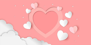 520情人节粉色剪纸风立体爱心214情人节心形云朵装饰展板背景